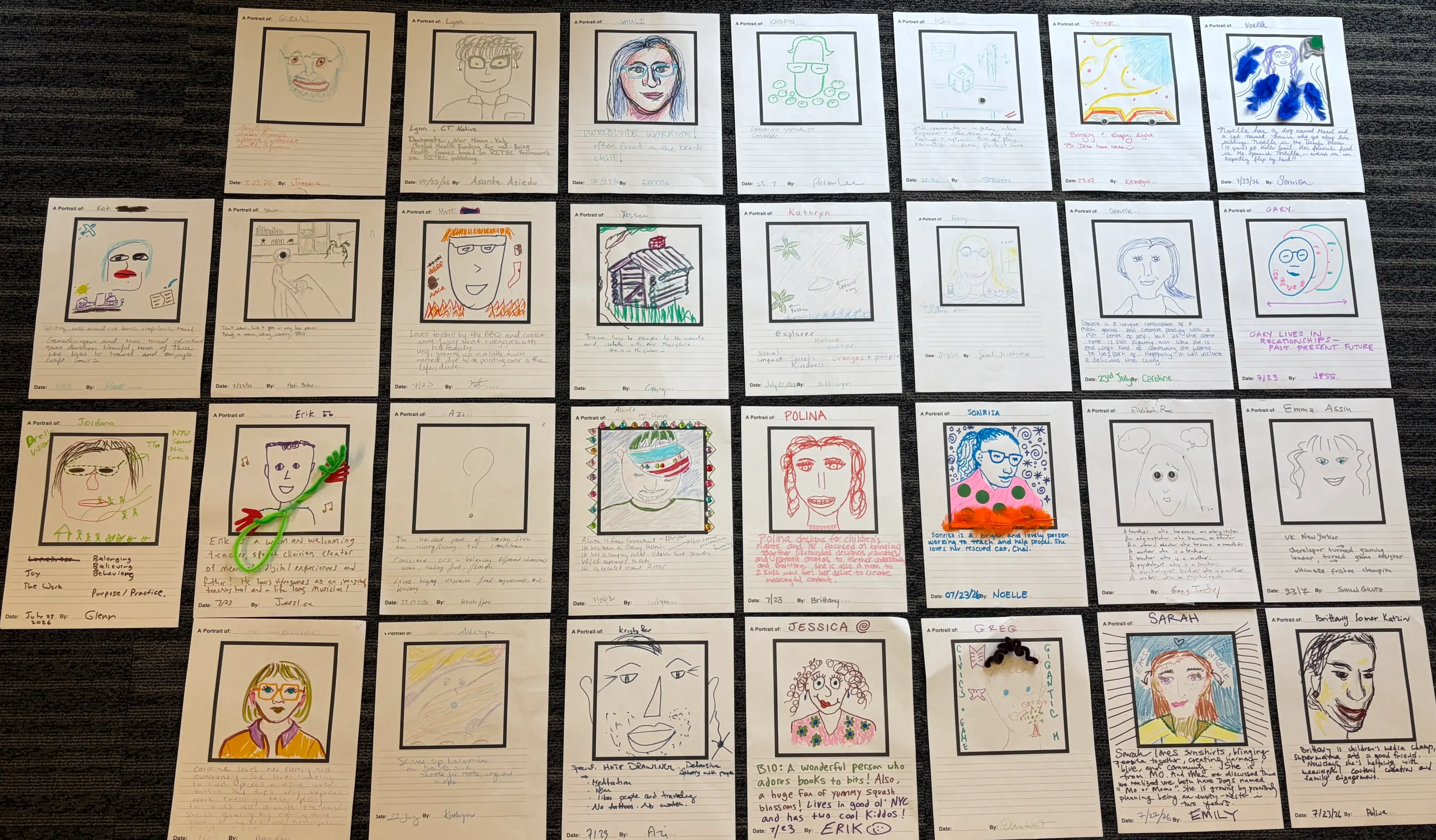 Hand-drawn self-portraits by Community of Practice members, laid out in a grid on the floor, each sheet signed and annotated by its author